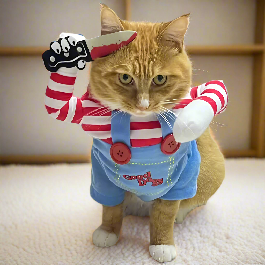 Halloween Pet Costume – Creepy Doll Outfit with Striped Shirt & Overalls for Cats & Dogs, Funny Cosplay with Plush Knife Prop