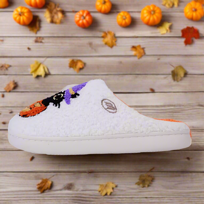 Black Cat Halloween Slippers – Cute Pumpkin Witch Slippers, Fluffy Indoor Shoes, Cozy Fall Bedroom Gift, Spooky Plush House Slippers