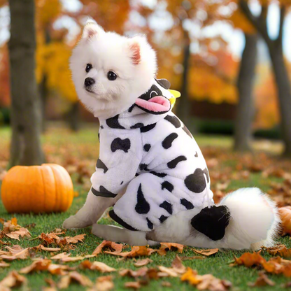 Cow Pet Costume – Funny Dog & Cat Outfit with Hood, Cute Animal Cosplay Pajamas for Halloween, Parties & Winter Warmth (XS–L)