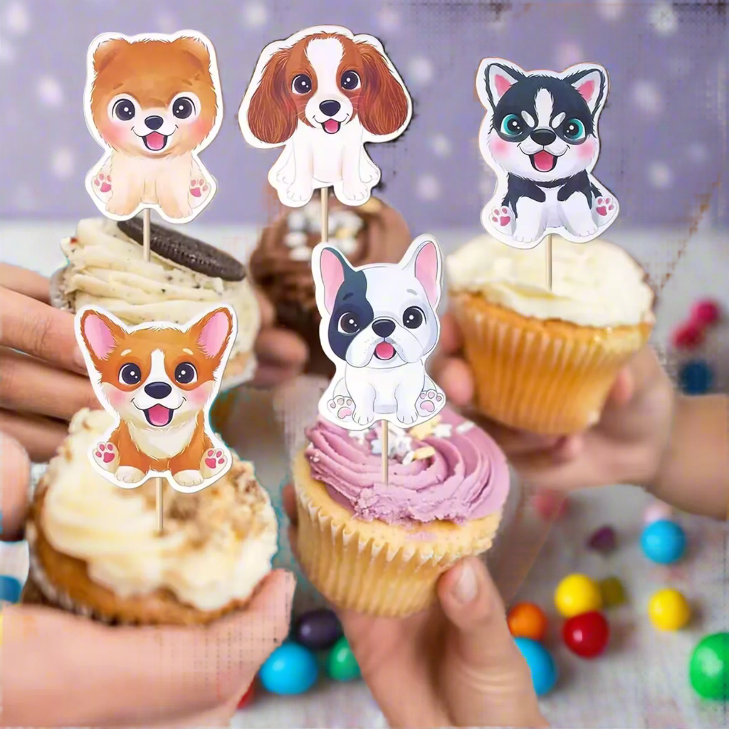 24pcs Cartoon Pug Dog Cupcake Toppers – Puppy Party Picks for Kids Birthday, Baby Shower, Pet Themed Cake Decorations