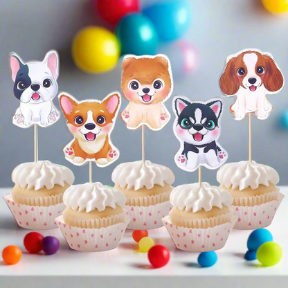 24pcs Cartoon Pug Dog Cupcake Toppers – Puppy Party Picks for Kids Birthday, Baby Shower, Pet Themed Cake Decorations