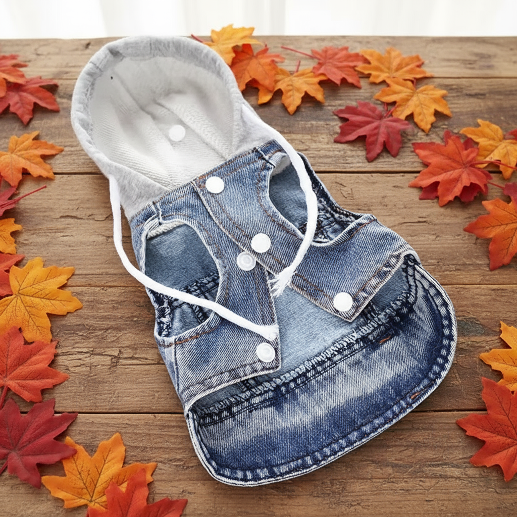 Dog Denim Hoodie Vest – Blue/Black Jean Jacket with Gray Knit Hood, D-Ring Leash Loop, Snap Buttons, Small Pet Clothes (XS–XXL)