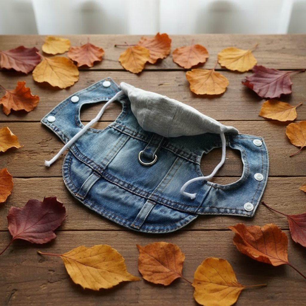 Dog Denim Hoodie Vest – Blue/Black Jean Jacket with Gray Knit Hood, D-Ring Leash Loop, Snap Buttons, Small Pet Clothes (XS–XXL)