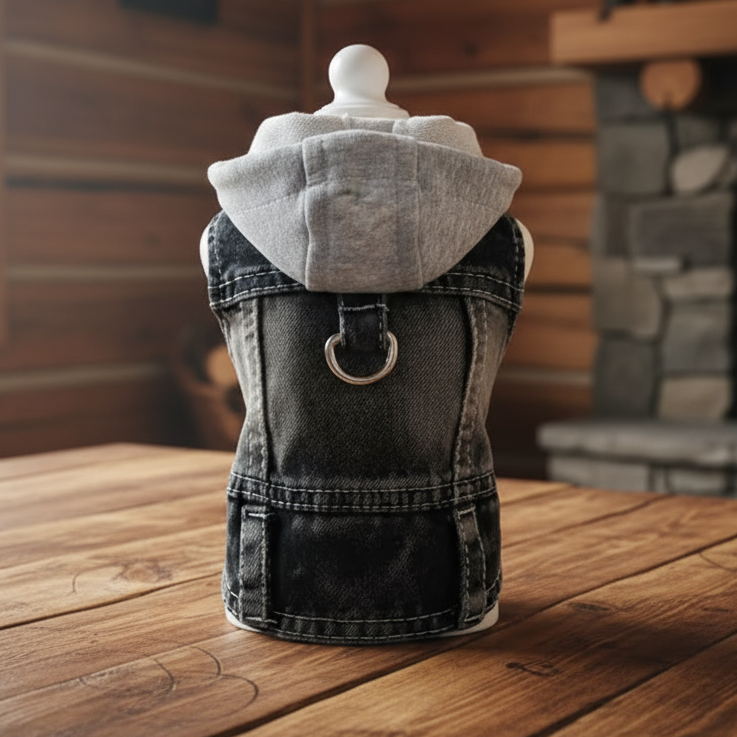 Dog Denim Hoodie Vest – Blue/Black Jean Jacket with Gray Knit Hood, D-Ring Leash Loop, Snap Buttons, Small Pet Clothes (XS–XXL)