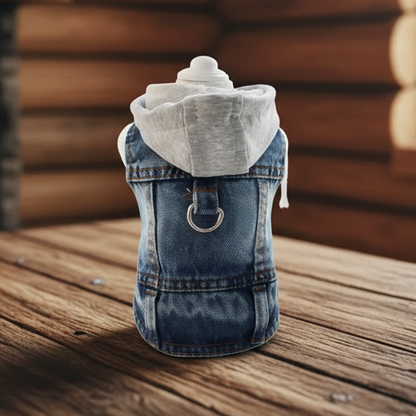 Dog Denim Hoodie Vest – Blue/Black Jean Jacket with Gray Knit Hood, D-Ring Leash Loop, Snap Buttons, Small Pet Clothes (XS–XXL)