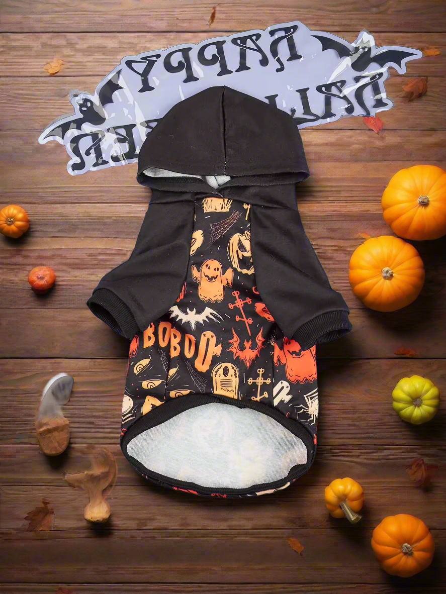 Halloween Pet Hoodie – Ghost & Bat Print Dog & Cat Sweatshirt with Hood, Funny Halloween Costume Outfit (XS–XXL)
