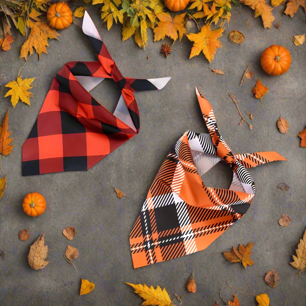2pcs Fall Dog Bandanas – Orange & Red Plaid Pet Triangle Scarves, Thanksgiving Puppy & Cat Bibs, Autumn Pet Accessories