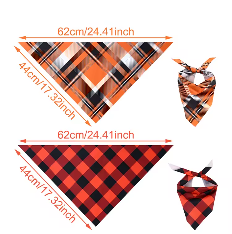 2pcs Fall Dog Bandanas – Orange & Red Plaid Pet Triangle Scarves, Thanksgiving Puppy & Cat Bibs, Autumn Pet Accessories