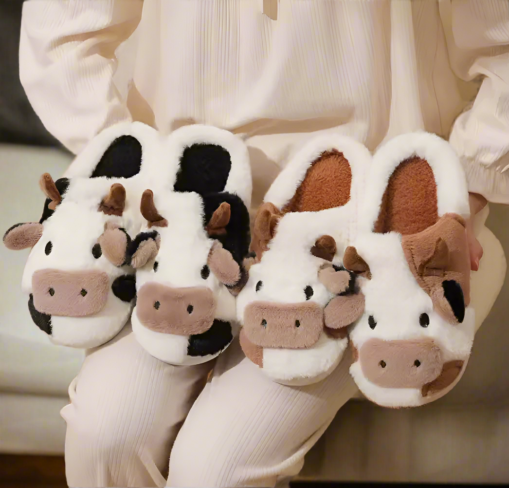 Cute Cow Slippers Women Men | Plush Animal Slippers | Funny Fuzzy Indoor Bedroom Shoes | Black or Brown Cow House Slippers Gift