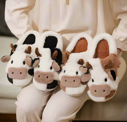Cute Cow Slippers Women Men | Plush Animal Slippers | Funny Fuzzy Indoor Bedroom Shoes | Black or Brown Cow House Slippers Gift