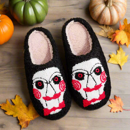 Creepy Spiral Face Horror Slippers | Scary Plush House Shoes | Killer Puppet Costume Accessory | Halloween Horror Gift