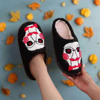 Creepy Spiral Face Horror Slippers | Scary Plush House Shoes | Killer Puppet Costume Accessory | Halloween Horror Gift