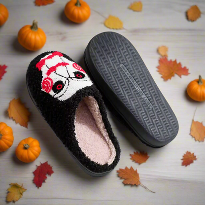 Creepy Spiral Face Horror Slippers | Scary Plush House Shoes | Killer Puppet Costume Accessory | Halloween Horror Gift