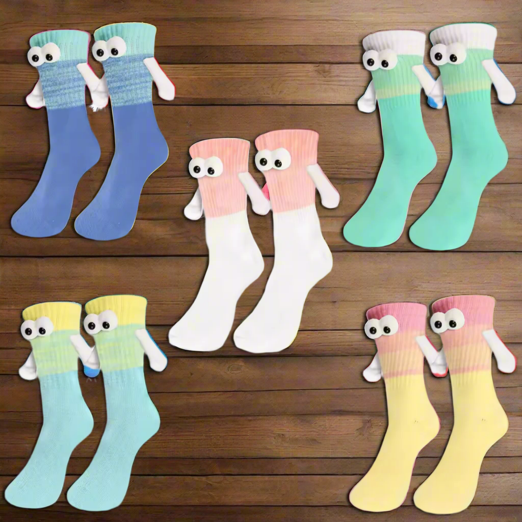 Magnetic Hand-Holding Socks – 5 Pair Set | 3D Cartoon Funny Couple Socks | Matching Best Friend Gift | Unisex Colorful Crew