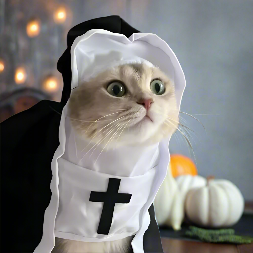 Cat Nun Costume – Funny Pet Cosplay Outfit for Cats & Small Dogs, Halloween Pet Clothing, Kitten & Puppy Pullover Jacket (XS–XL)