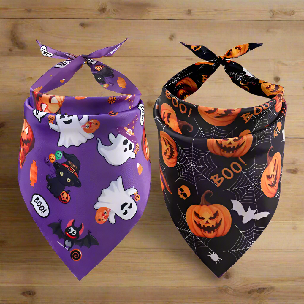 2pcs Halloween Dog Bandanas – Pumpkin & Ghost Triangle Scarves for Dogs & Cats, Pet Halloween Bibs, Funny Party Accessories
