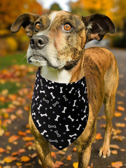 Dog Bandana – Black Double-Sided Pet Triangle Scarf with Bone Print, Adjustable Drool Towel for Cats & Small Dogs, Cute Pet Accessory