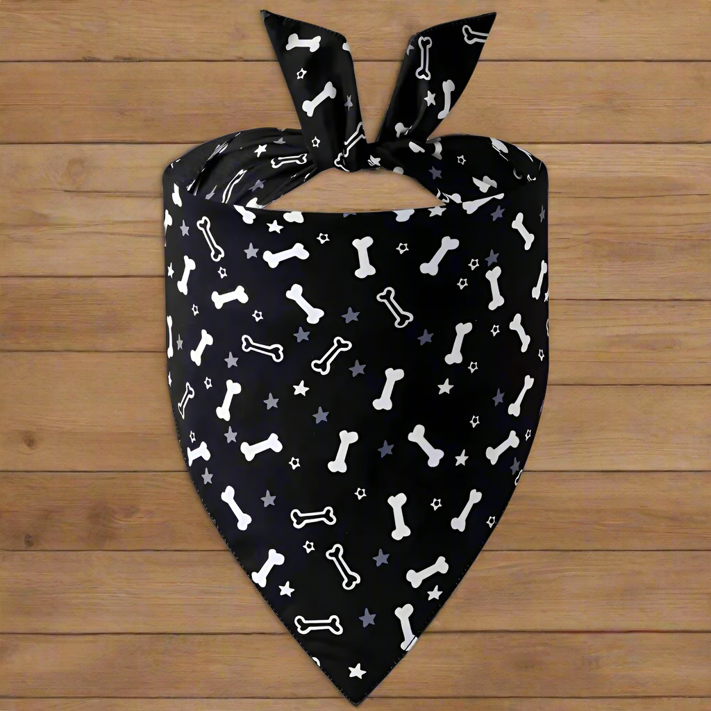 Dog Bandana – Black Double-Sided Pet Triangle Scarf with Bone Print, Adjustable Drool Towel for Cats & Small Dogs, Cute Pet Accessory