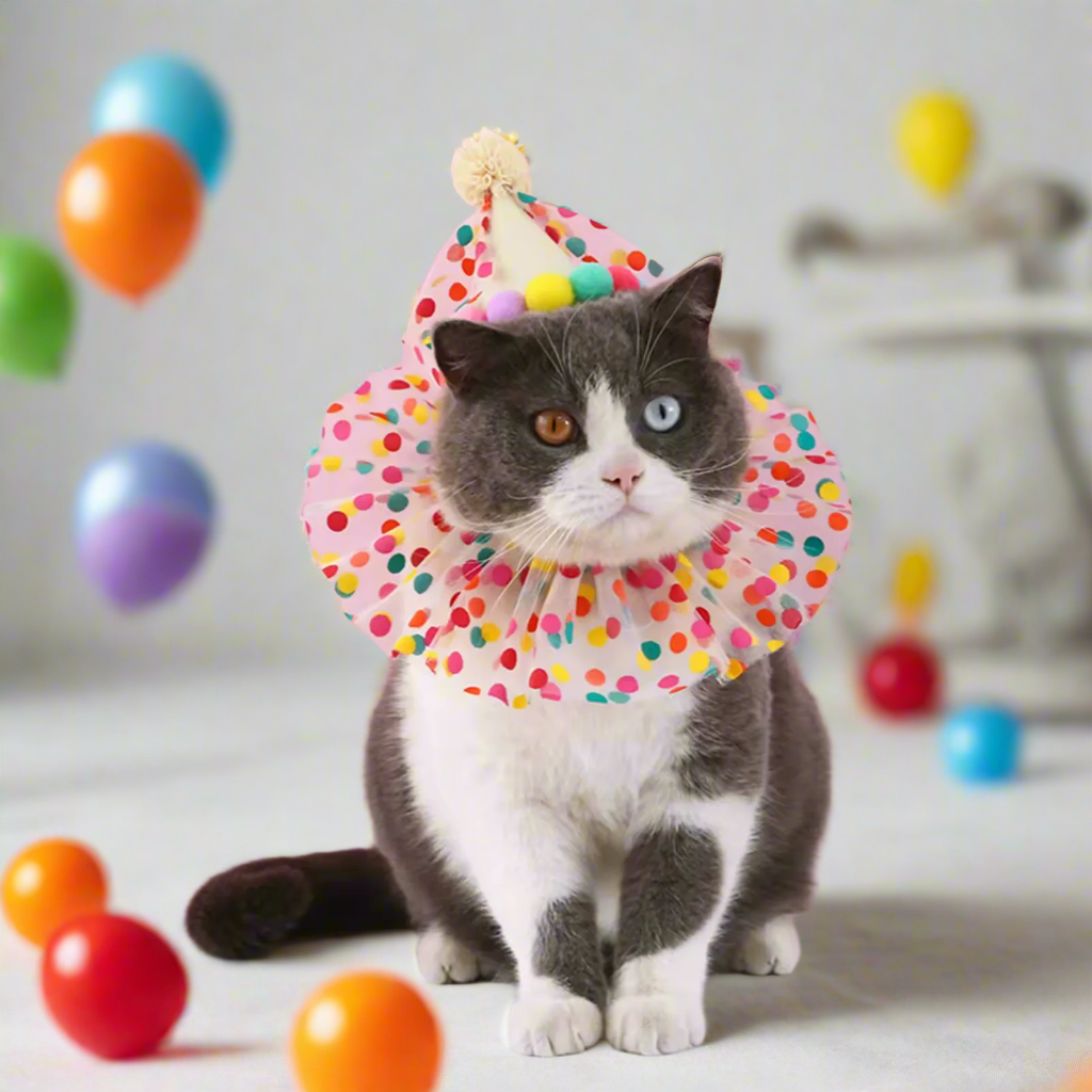 Pet Hat & Scarf Set – Pink Princess Bow with Polka Dot Rainbow Lace for Cats & Small Dogs, Cute Puppy Costume Accessories