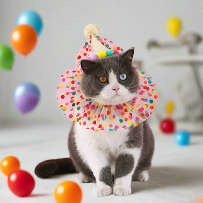 Pet Hat & Scarf Set – Pink Princess Bow with Polka Dot Rainbow Lace for Cats & Small Dogs, Cute Puppy Costume Accessories