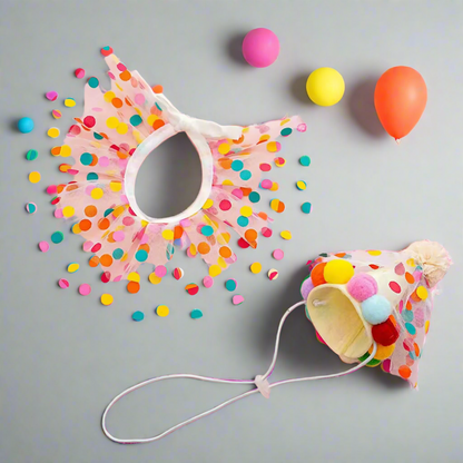 Pet Hat & Scarf Set – Pink Princess Bow with Polka Dot Rainbow Lace for Cats & Small Dogs, Cute Puppy Costume Accessories