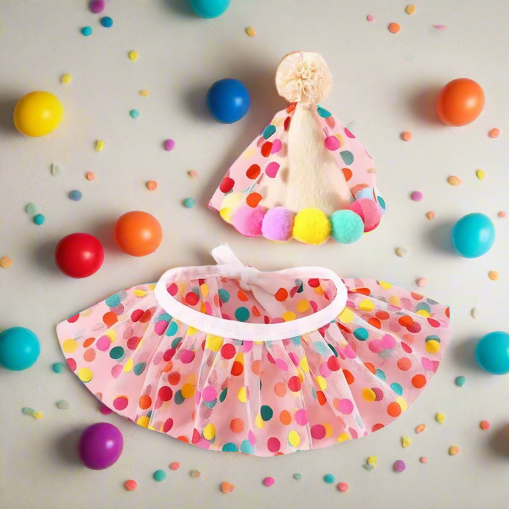 Pet Hat & Scarf Set – Pink Princess Bow with Polka Dot Rainbow Lace for Cats & Small Dogs, Cute Puppy Costume Accessories