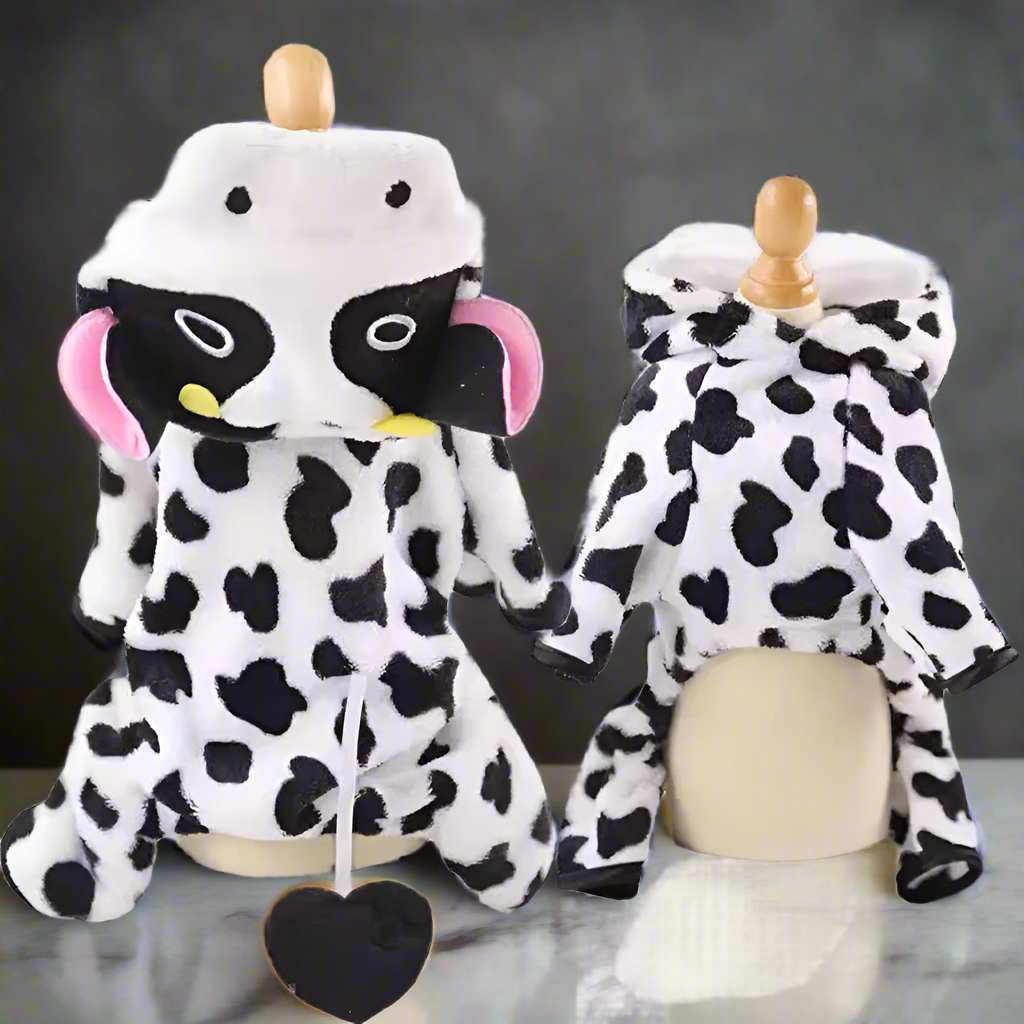 Cow Print Pet Costume Hoodie – Fleece Dog & Cat Jumpsuit Pajamas, Warm Winter Clothes for Small Dogs Cats Chihuahua Yorkie Outfit