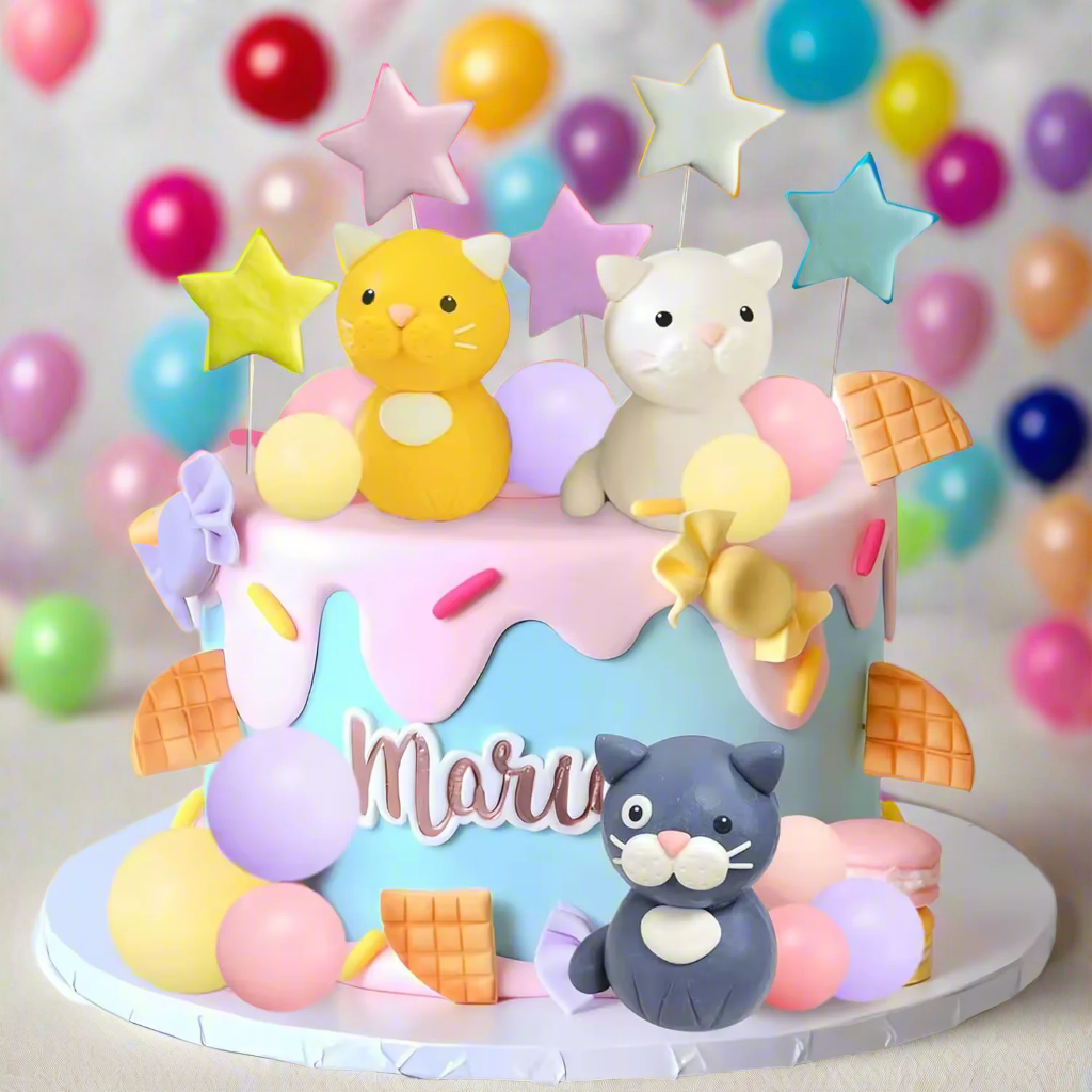 Cat or Dog Cake Toppers – Pet Birthday Party Decorations with Clay Animals, Stars, Balloons – Cute Cat Dog Cake Decor for Pets