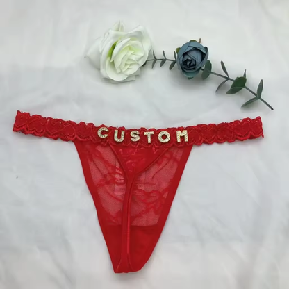Custom Thong Panties – Personalized Women’s Lingerie with Name – Black, Red, White, or Purple – Gold or Silver Letters – 1 to 7 Letters