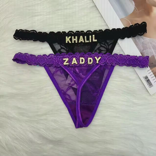 Custom Thong Panties – Personalized Women’s Lingerie with Name – Black, Red, White, or Purple – Gold or Silver Letters – 1 to 7 Letters
