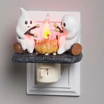 Ghost Campfire Night Light – Flickering Flame Halloween Nightlight, Toasting Marshmallow Ghosts, Cozy Fall Plug-In Gift for Home