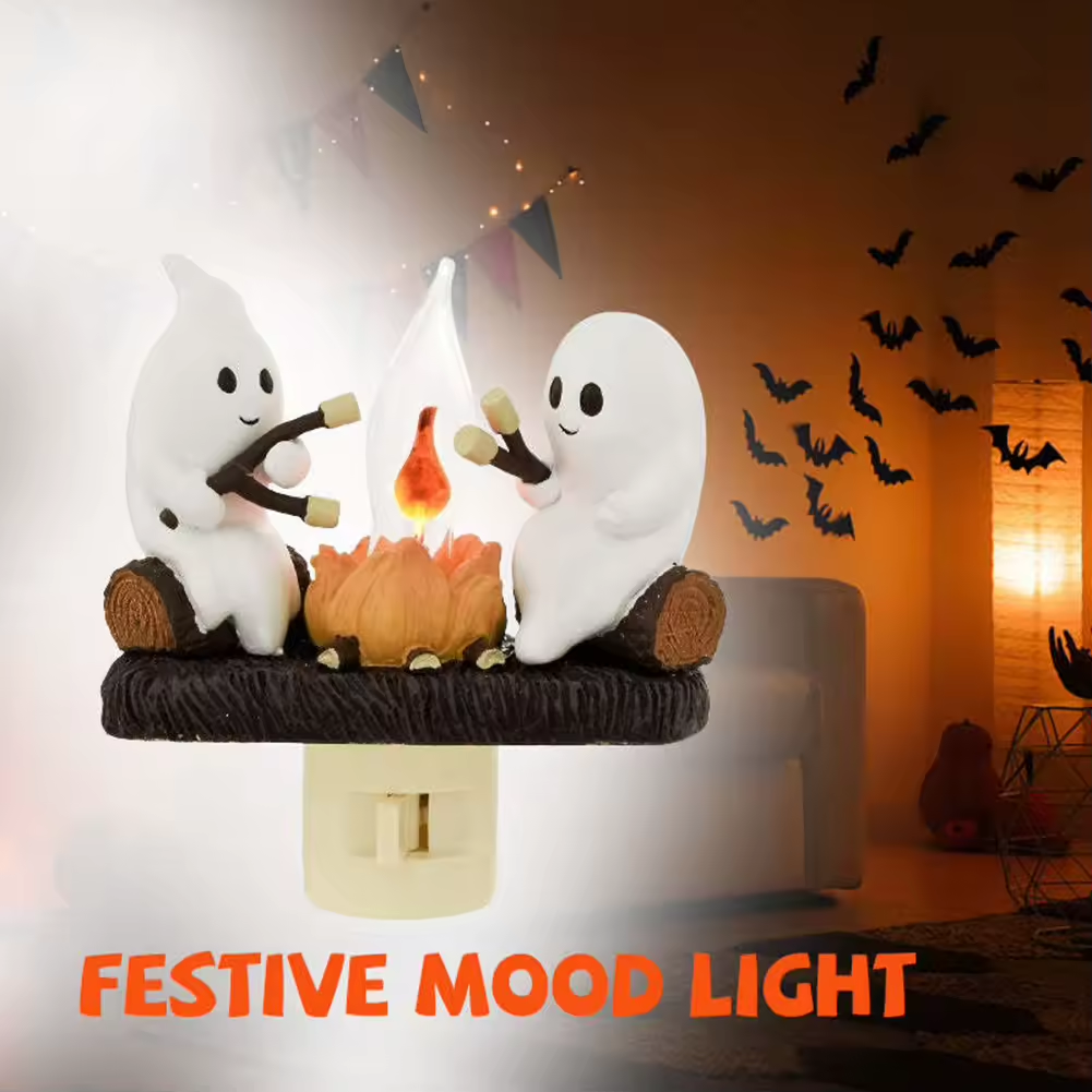 Ghost Campfire Night Light – Flickering Flame Halloween Nightlight, Toasting Marshmallow Ghosts, Cozy Fall Plug-In Gift for Home