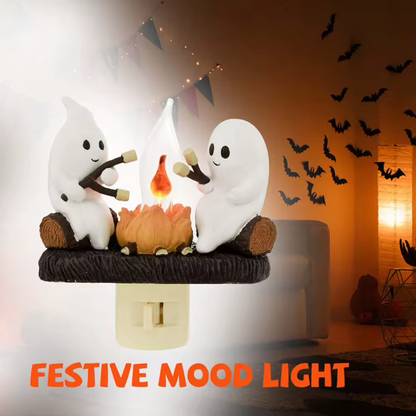 Ghost Campfire Night Light – Flickering Flame Halloween Nightlight, Toasting Marshmallow Ghosts, Cozy Fall Plug-In Gift for Home
